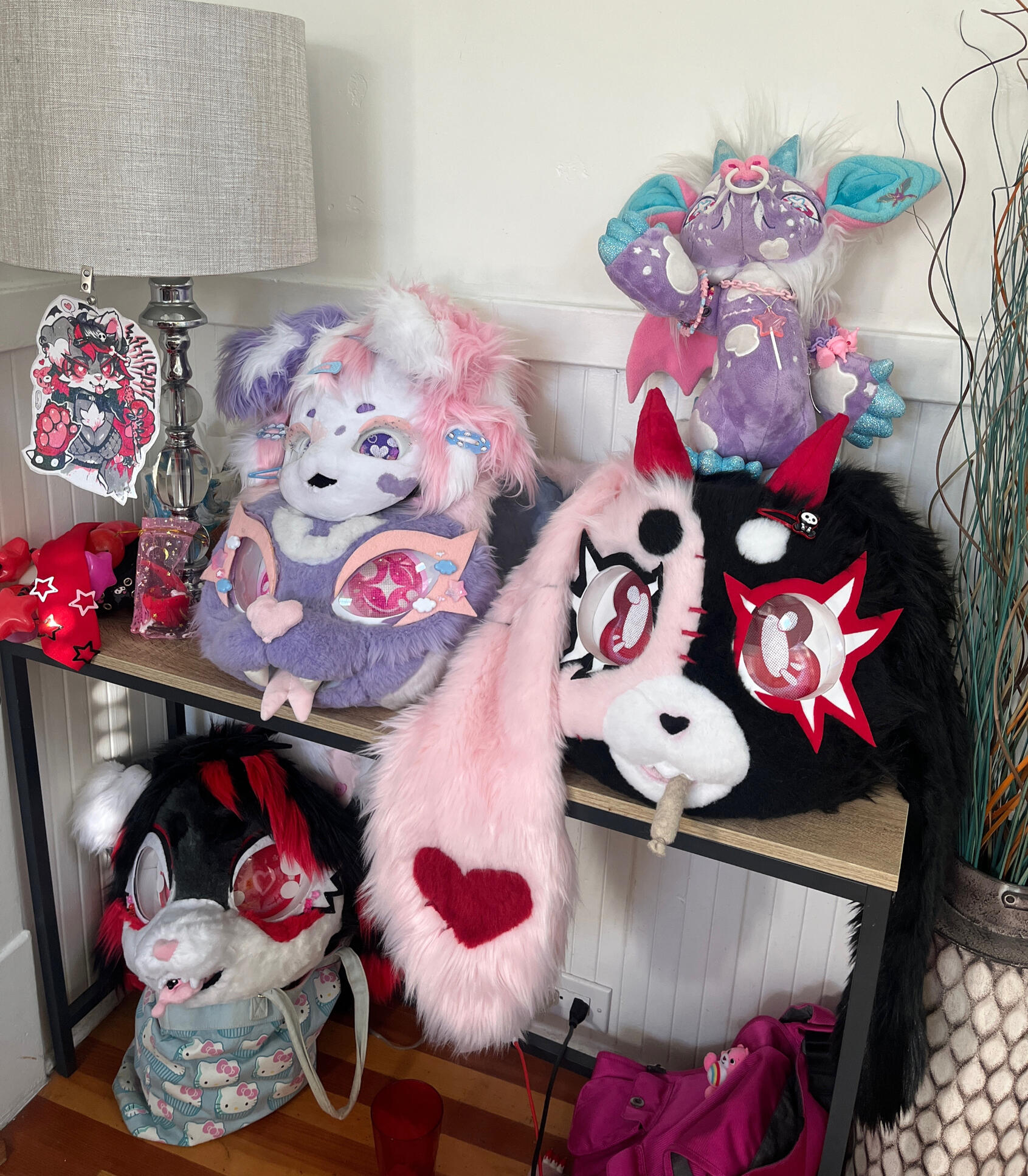 wink (kig mask) + noon (kemono lavender) made by me, whippit (bottom) collab of me / cryptidpaw / whippit_puppycat, lilith by cryptidpaw, posable noon plushie by micknagerie