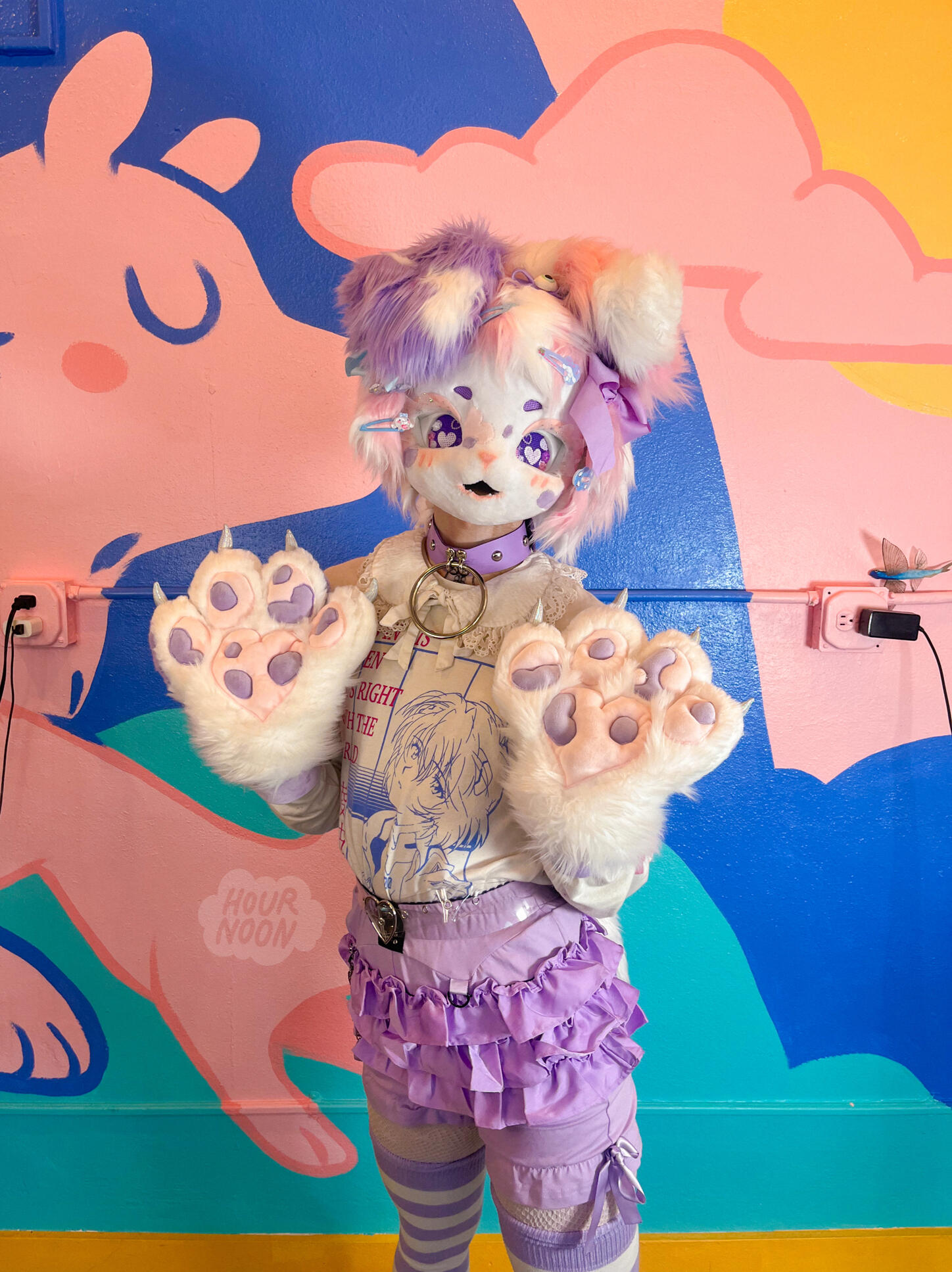 wink! pastel dalmatian, kig style mask. mochi paws, with custom spots and shiny claw fabric, heart shaped pawpads. wink has two-toned hair around the whole base of the head, handpainted eyes and facial features. also includes a tail (not pictured)
