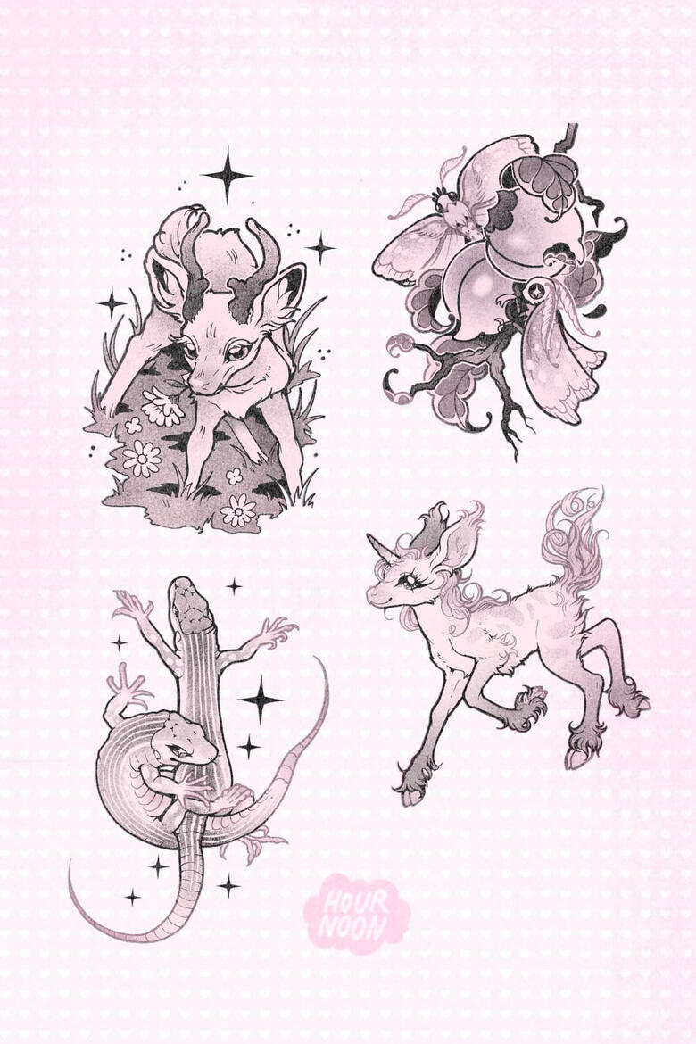 JUNE - QUEER CRITTERS - velvethorn, immortal moths, lesbian lizards, unicorn 250+ blackwork